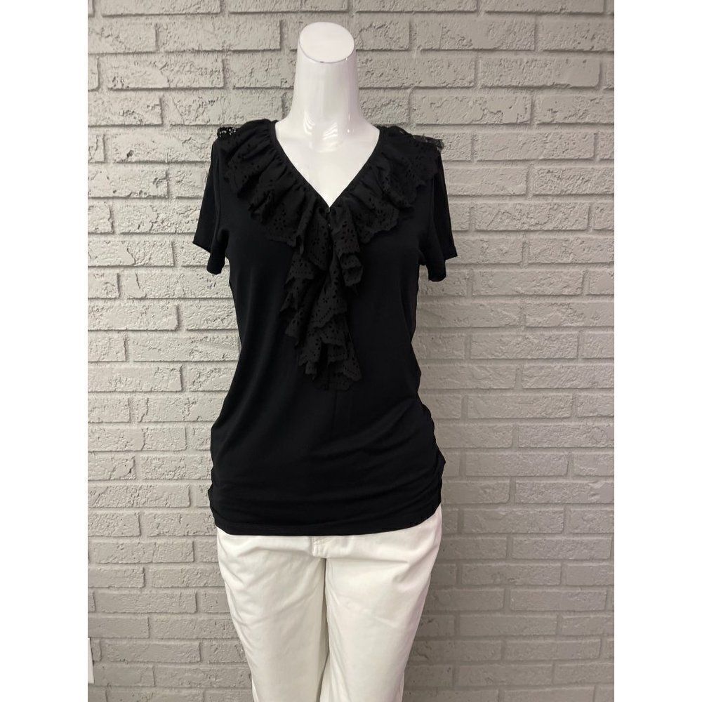 Lauren Ralph Lauren Black Ruffle V Neckline Short Sleeve Top Size M